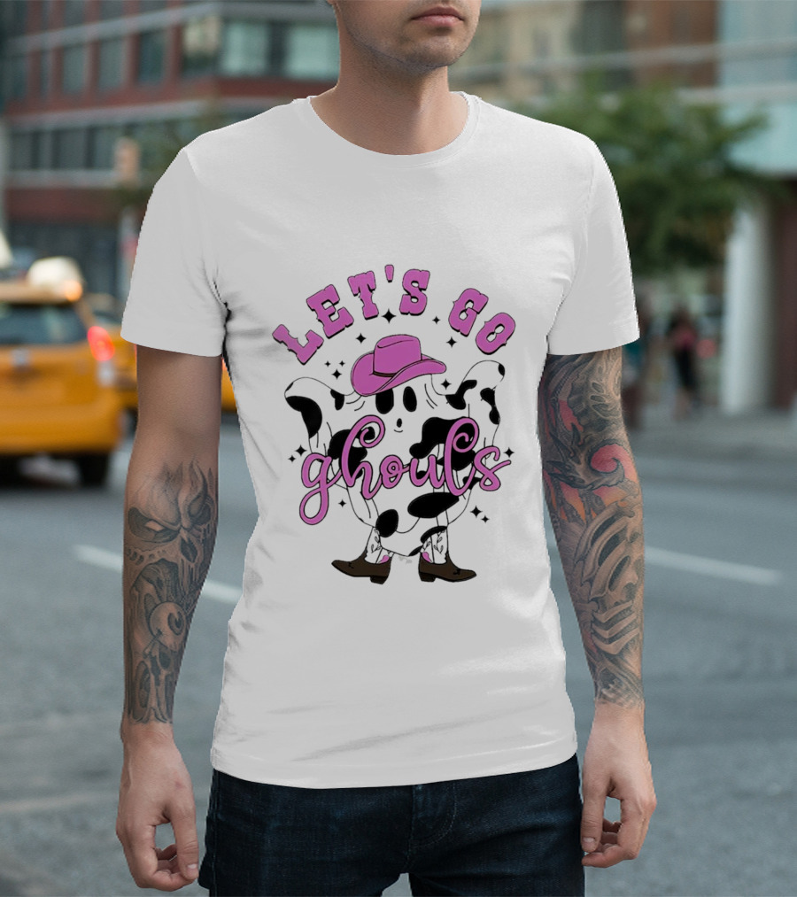 Let's Go Ghouls Halloween Cowboy Ghost With Pink Hat And Boots T-Shirt