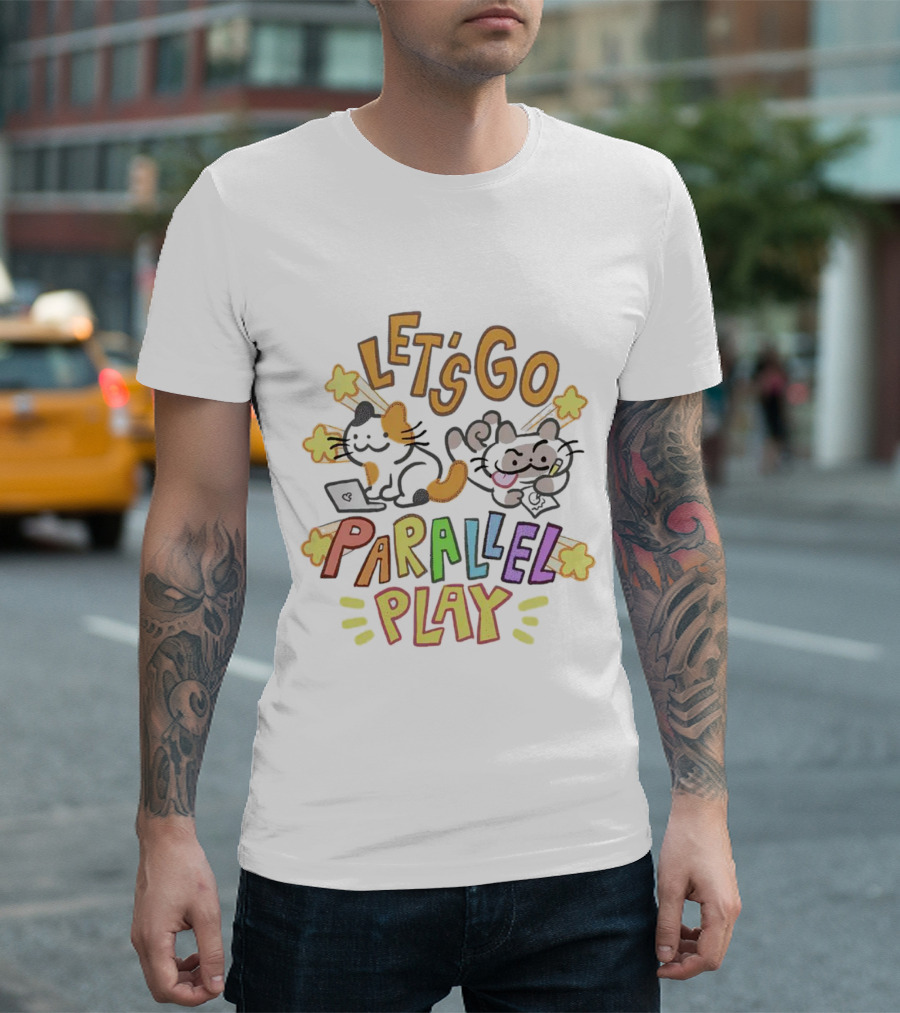 LET'S GO PARALLEL PLAY CUTE CATS WITH STARS AND LAPTOP T-Shirt