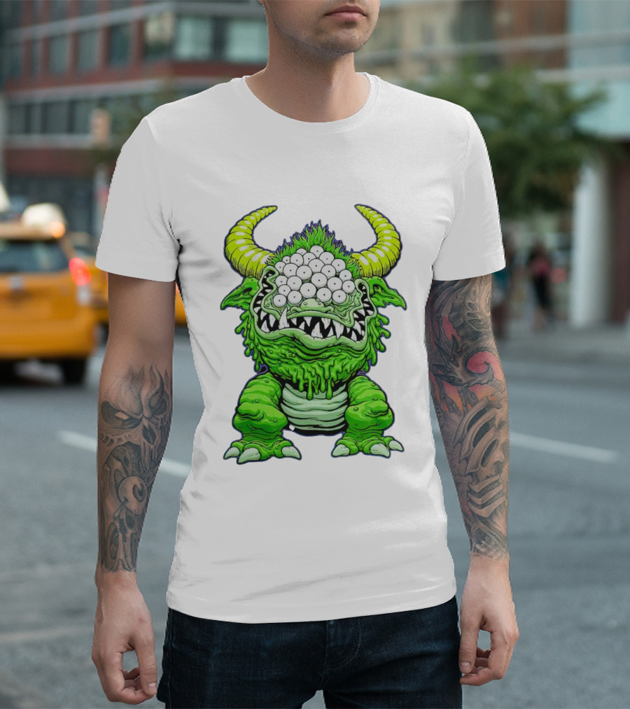 Black Beast of Aaaarrgghh Multi-Eyed Green Monster with Horns T-Shirt