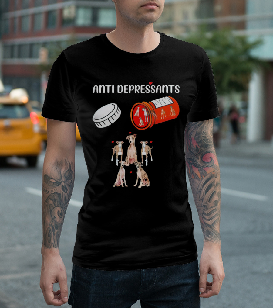 Anti Depressants Dogs Medicine Bottle With Greyhound Puppies T-Shirt