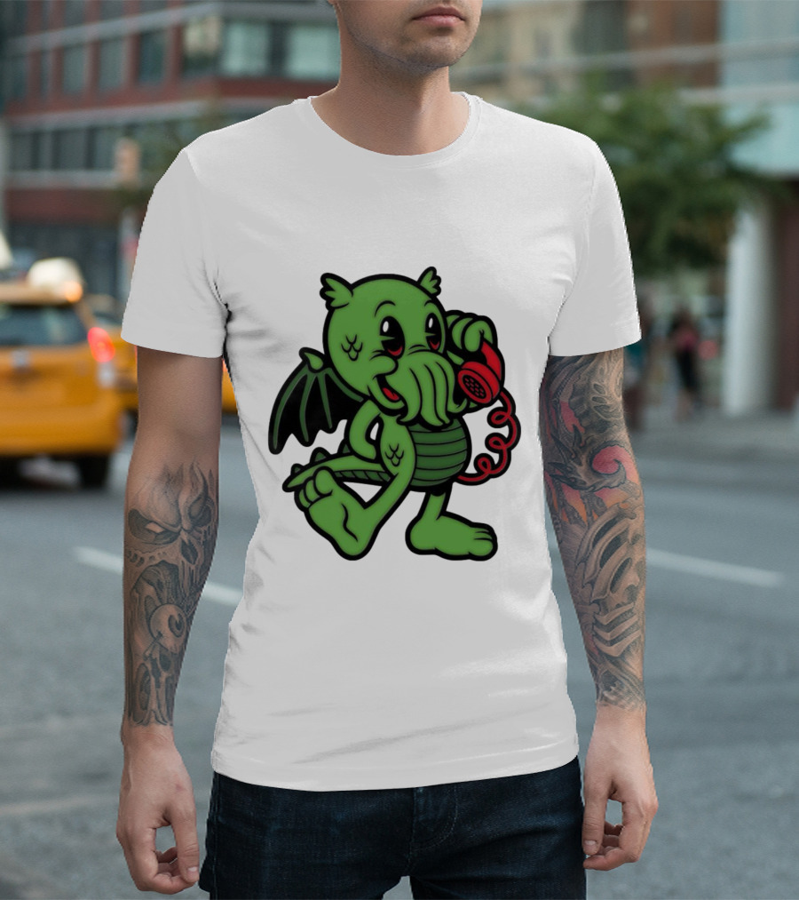 Chubby Cthulhu Phone Call Cartoon with Red Retro Telephone T-Shirt