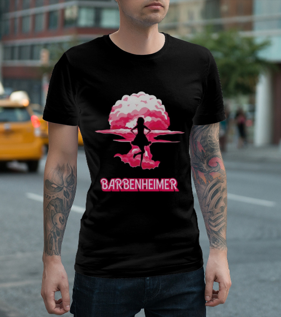 Barbenheimer Fusion Silhouette with Pink Explosion Background T-Shirt