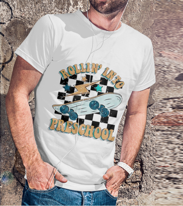 Rollin Into Preschool Skateboard Lightning Stars Checkered Background T-Shirt