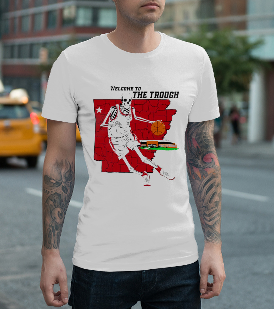 Welcome to the Trough Arkansas Razorbacks Basketball Skeleton Player Red Map T-Shirt