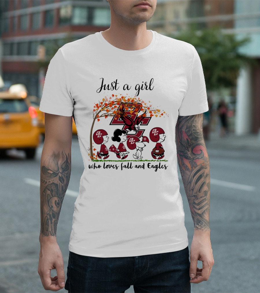 Just a Girl Who Loves Fall and Boston College Eagles Peanuts Cartoon T-Shirt