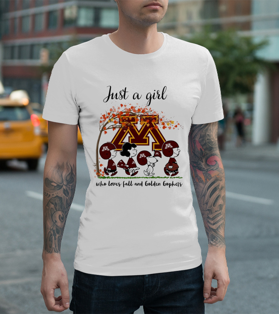 Just A Girl Who Loves Fall and Golden Gophers Peanuts Cartoon T-Shirt