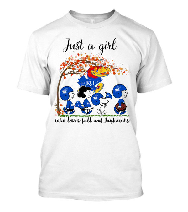 Just A Girl Who Loves Fall And Jayhawks Peanuts Cartoon Halloween KU T-Shirt