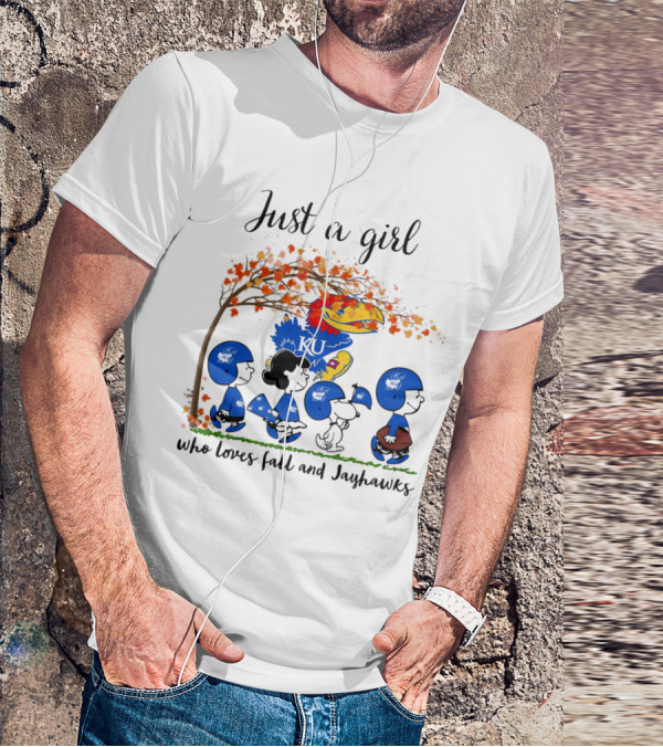 Just A Girl Who Loves Fall And Jayhawks Peanuts Cartoon Halloween KU T-Shirt