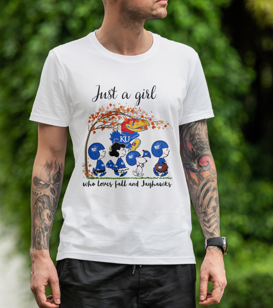 Just A Girl Who Loves Fall And Jayhawks Peanuts Cartoon Halloween KU T-Shirt