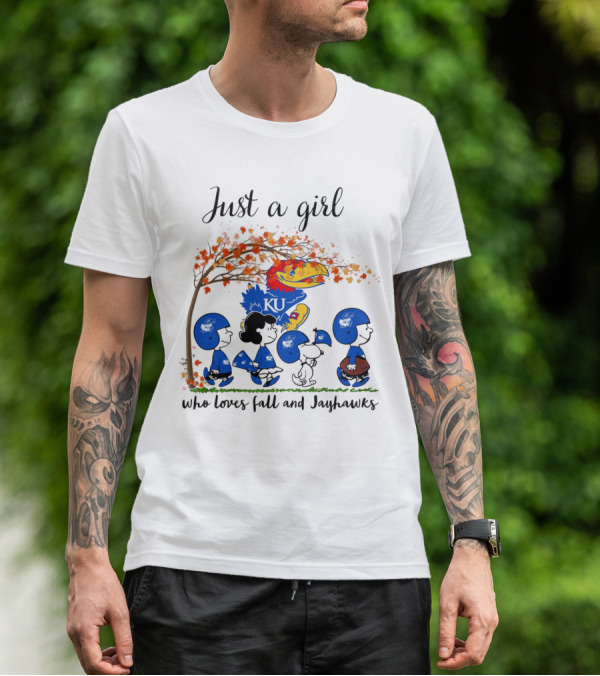 Just A Girl Who Loves Fall And Jayhawks Peanuts Cartoon Halloween KU T-Shirt