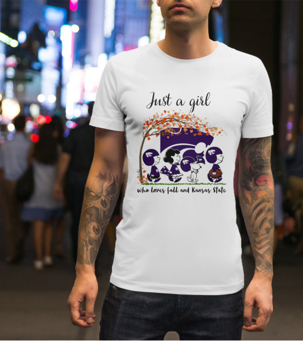 Just A Girl Who Loves Fall And Kansas State Peanuts Cartoon Halloween Football Players T-Shirt