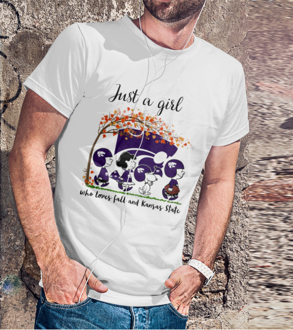 Just A Girl Who Loves Fall And Kansas State Peanuts Cartoon Halloween Football Players T-Shirt