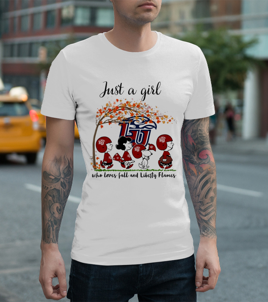 Just A Girl Who Loves Fall and Liberty Flames Peanuts Halloween T-Shirt