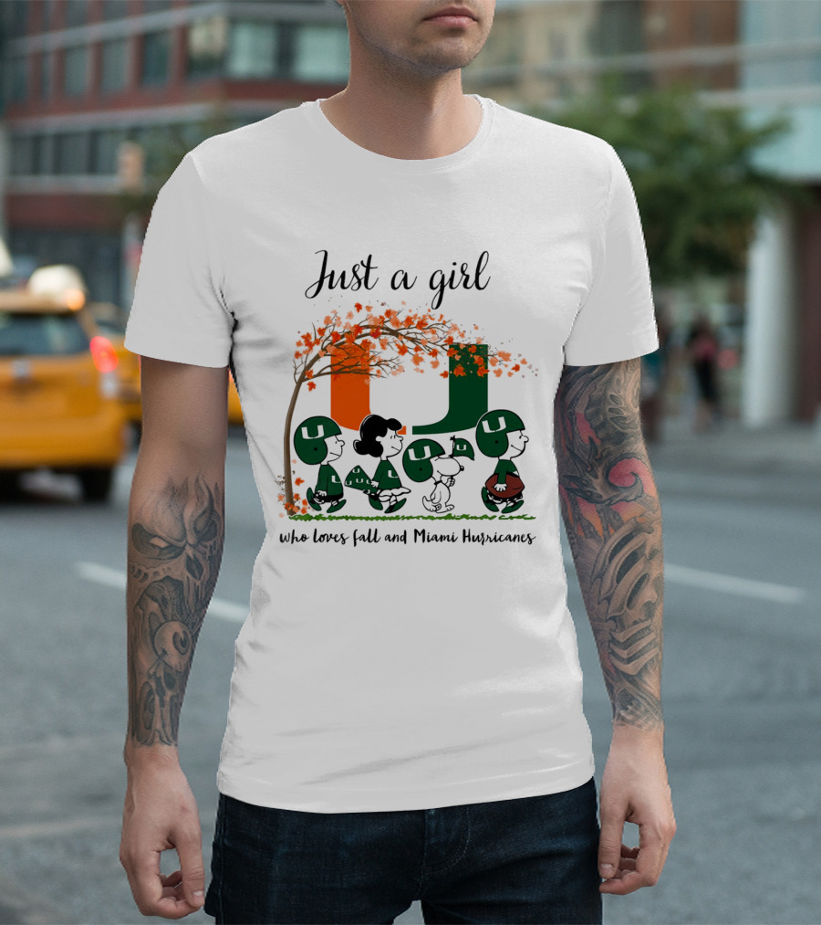 Just A Girl Who Loves Fall and Miami Hurricanes Peanuts Cartoon T-Shirt