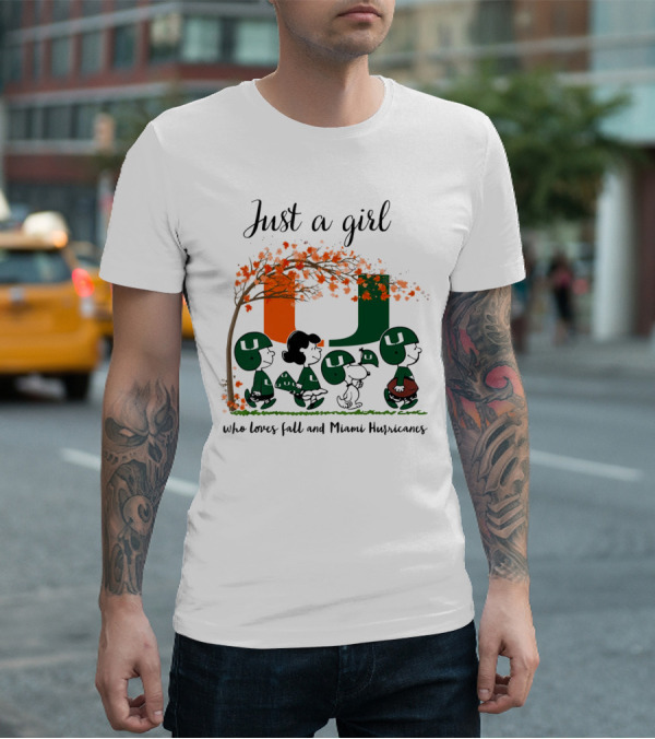 Just A Girl Who Loves Fall And Miami Hurricanes Peanuts Cartoon T-Shirt