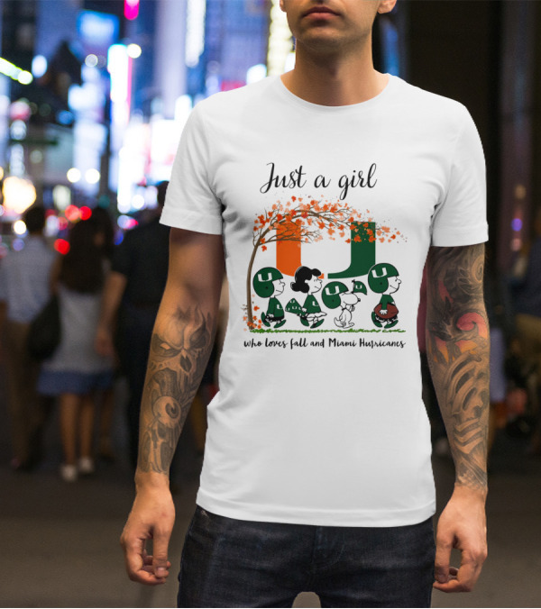 Just A Girl Who Loves Fall And Miami Hurricanes Peanuts Cartoon T-Shirt