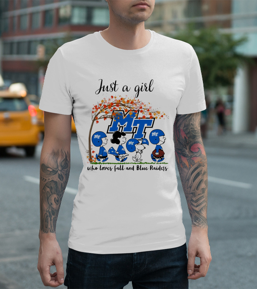 Just a Girl Who Loves Fall and Middle Tennessee Blue Raiders Peanuts Cartoon T-Shirt