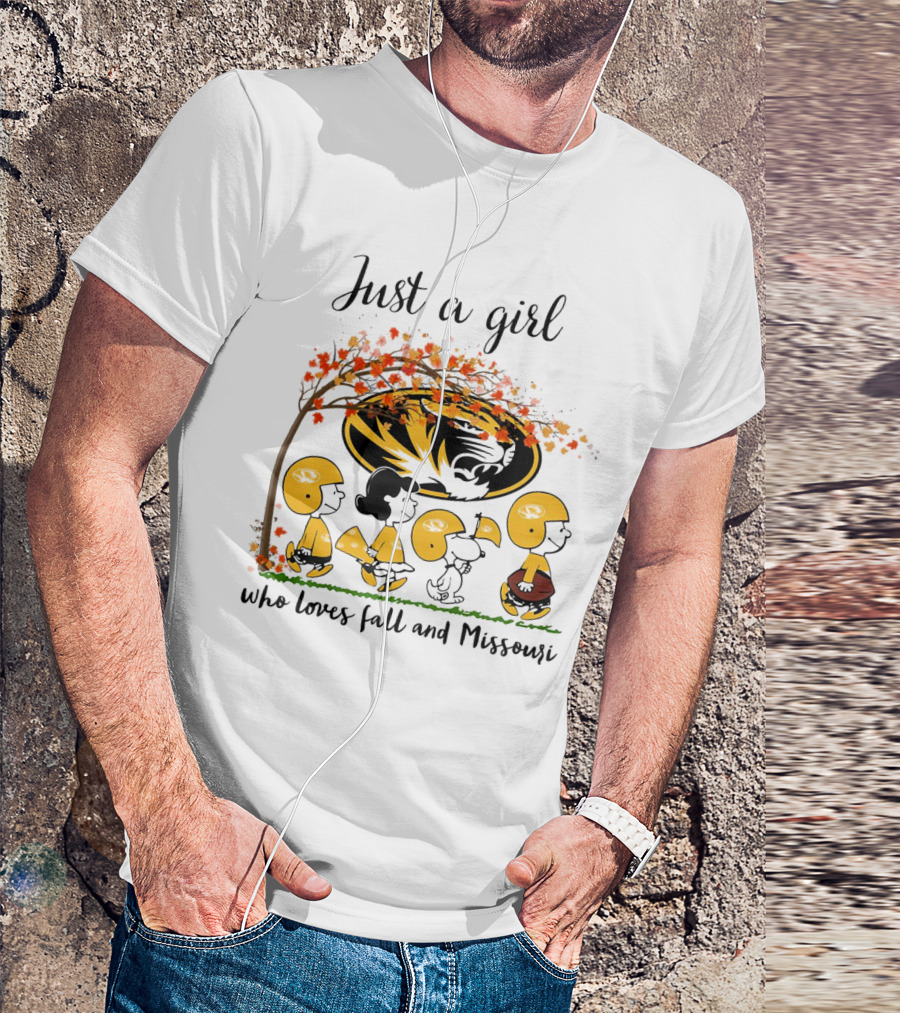 Just A Girl Who Loves Fall And Missouri Peanuts Cartoon Halloween Football Tiger Leaves T-Shirt