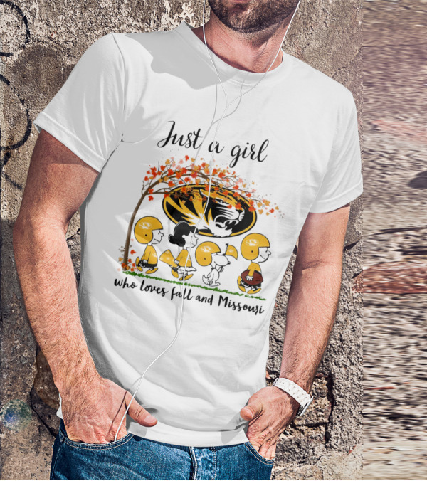 Just A Girl Who Loves Fall And Missouri Peanuts Cartoon Halloween Football Tiger Leaves T-Shirt