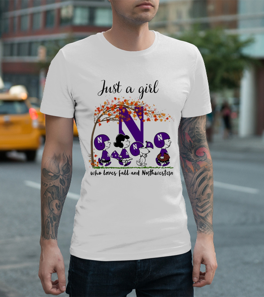 Just a Girl Who Loves Fall Northwestern Wildcats Peanuts Cartoon Halloween T-Shirt