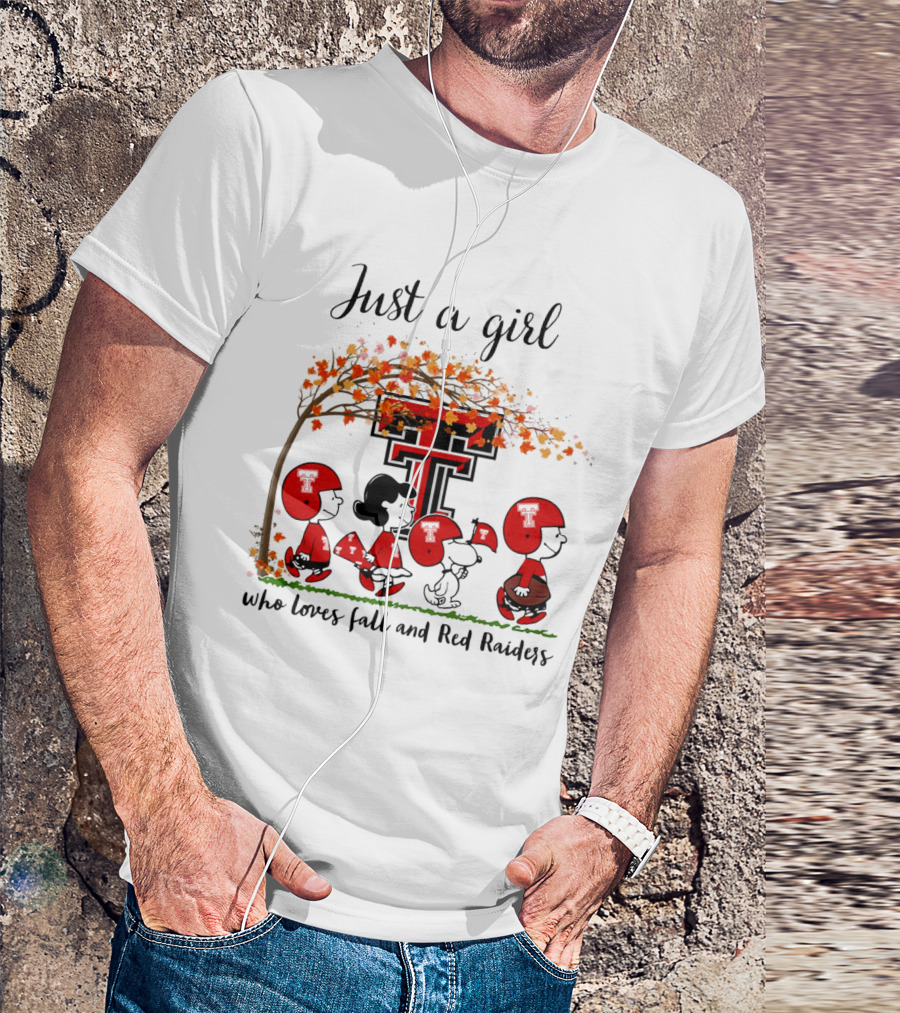 Just A Girl Who Loves Fall And Red Raiders Peanuts Cartoon Football Fans T-Shirt