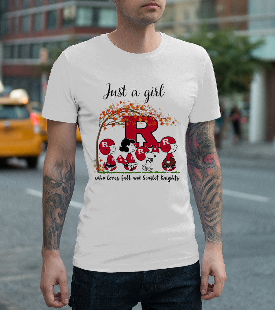 Just A Girl Who Loves Fall Scarlet Knights Peanuts Cartoon T-Shirt