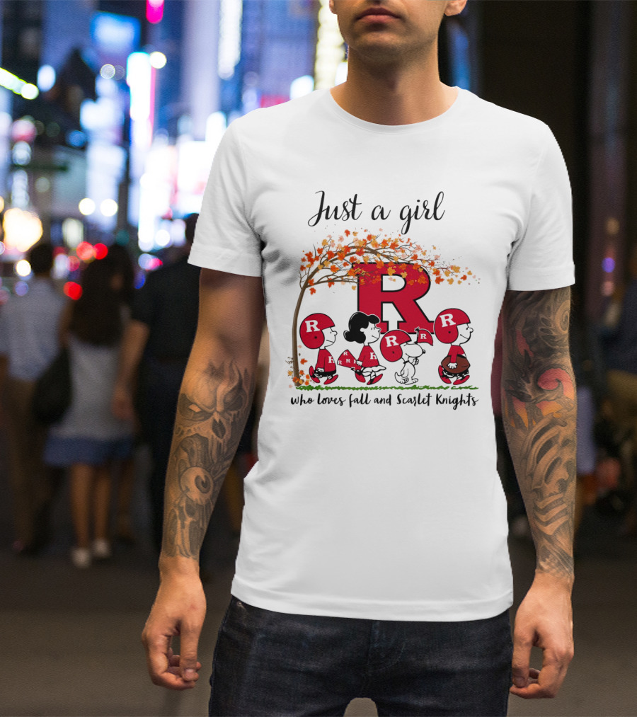 Just A Girl Who Loves Fall Scarlet Knights Peanuts Cartoon T-Shirt