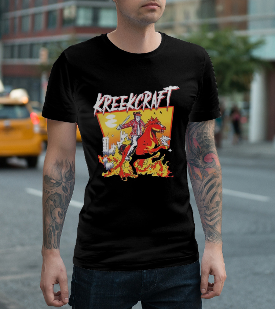 Kreekcraft Warrior Riding Fiery Horse in Urban Landscape T-Shirt