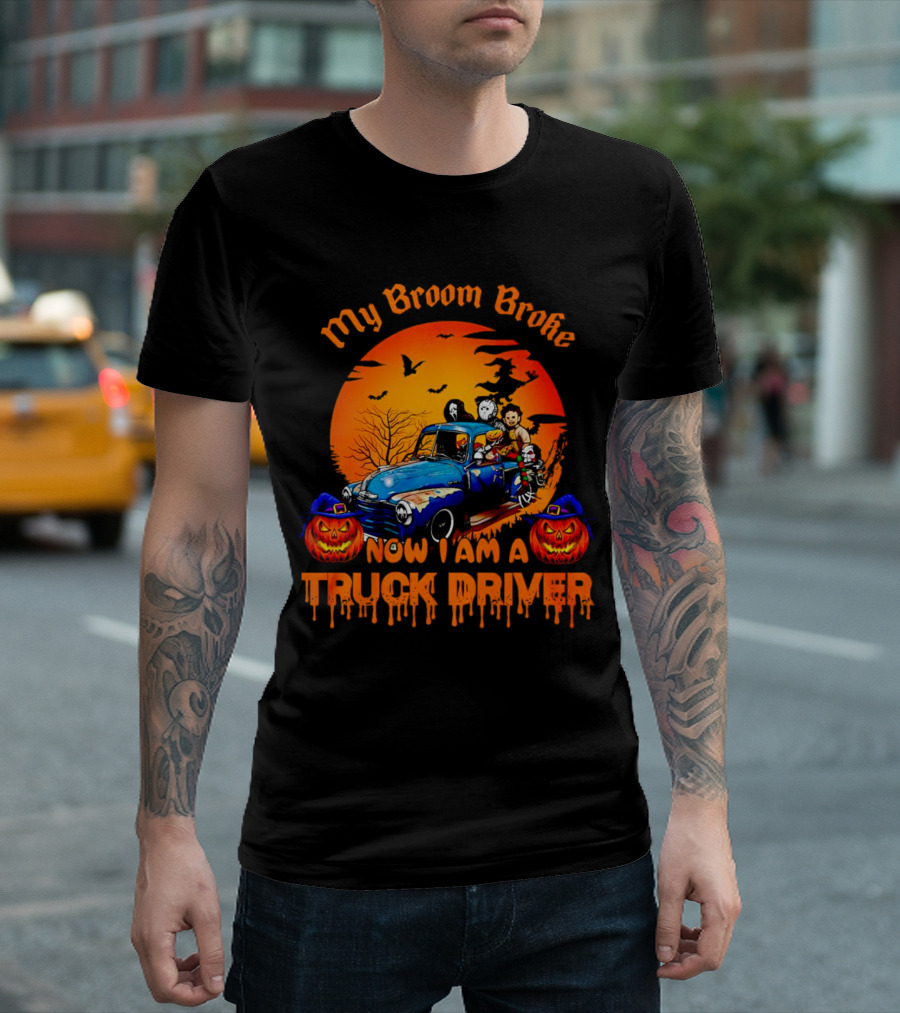 My Broom Broke Now I Am a Truck Driver Halloween Truck with Pumpkins and Ghosts T-Shirt