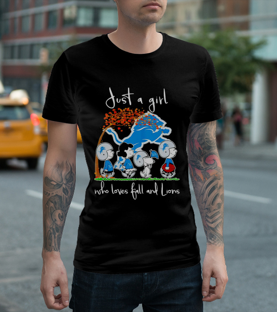 Snoopy Peanuts Just a Girl Who Loves Fall and Detroit Lions Football T-Shirt