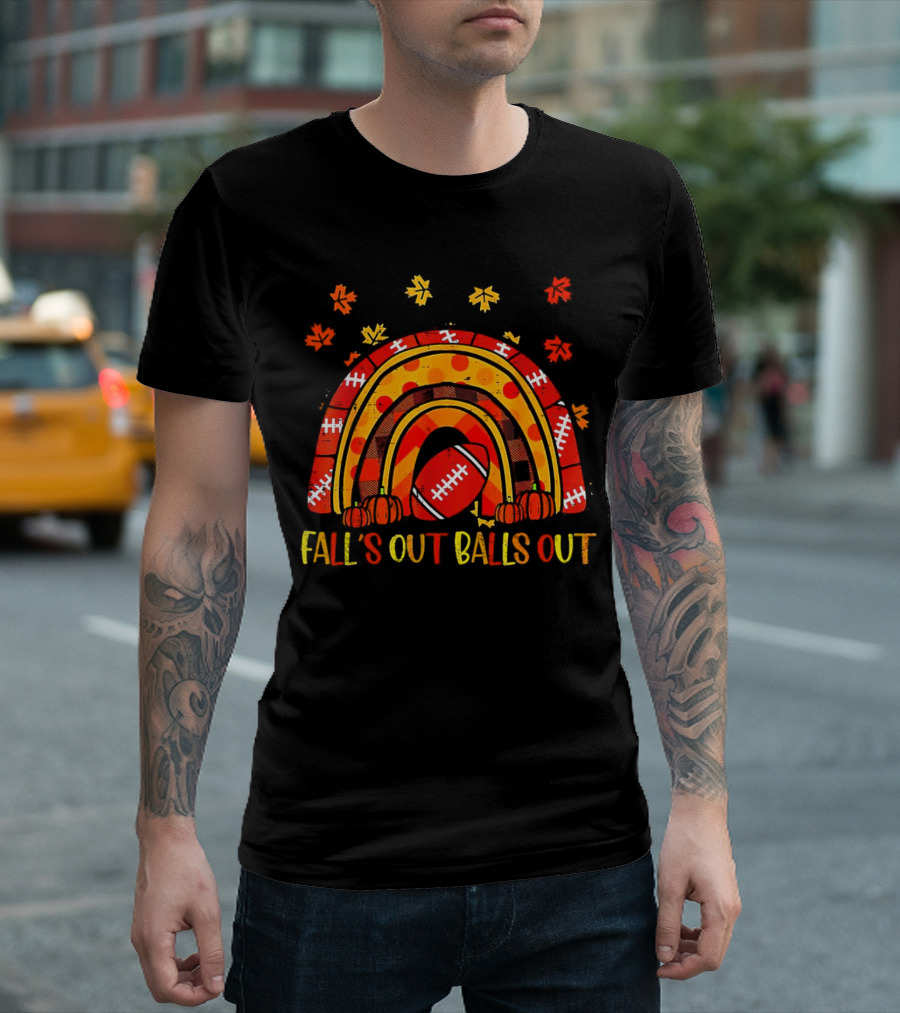 Fall's Out Balls Out Rainbow American Football Autumn Leaves T-Shirt