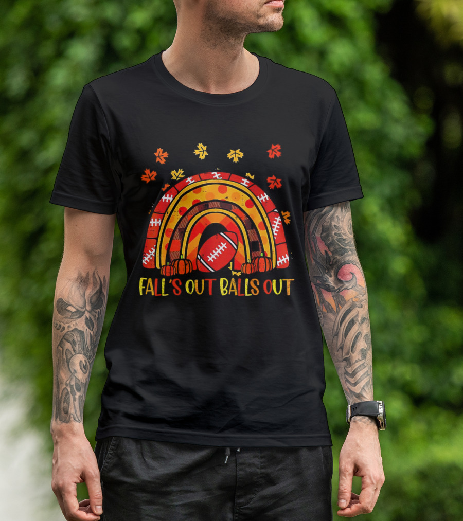 Fall's Out Balls Out Rainbow American Football Autumn Leaves T-Shirt