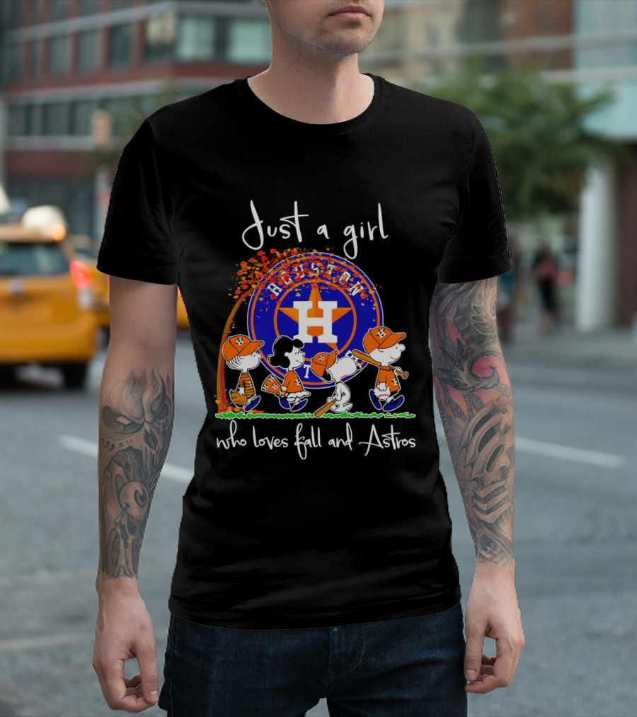 Just a Girl Who Loves Fall and Houston Astros Snoopy Peanuts Baseball Scene T-Shirt