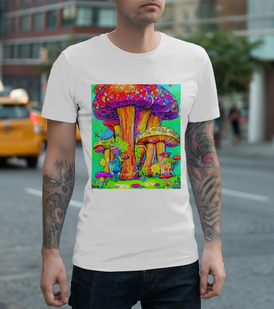 Multi Color Psychedelic Forest Mushrooms Fantasy T-Shirt