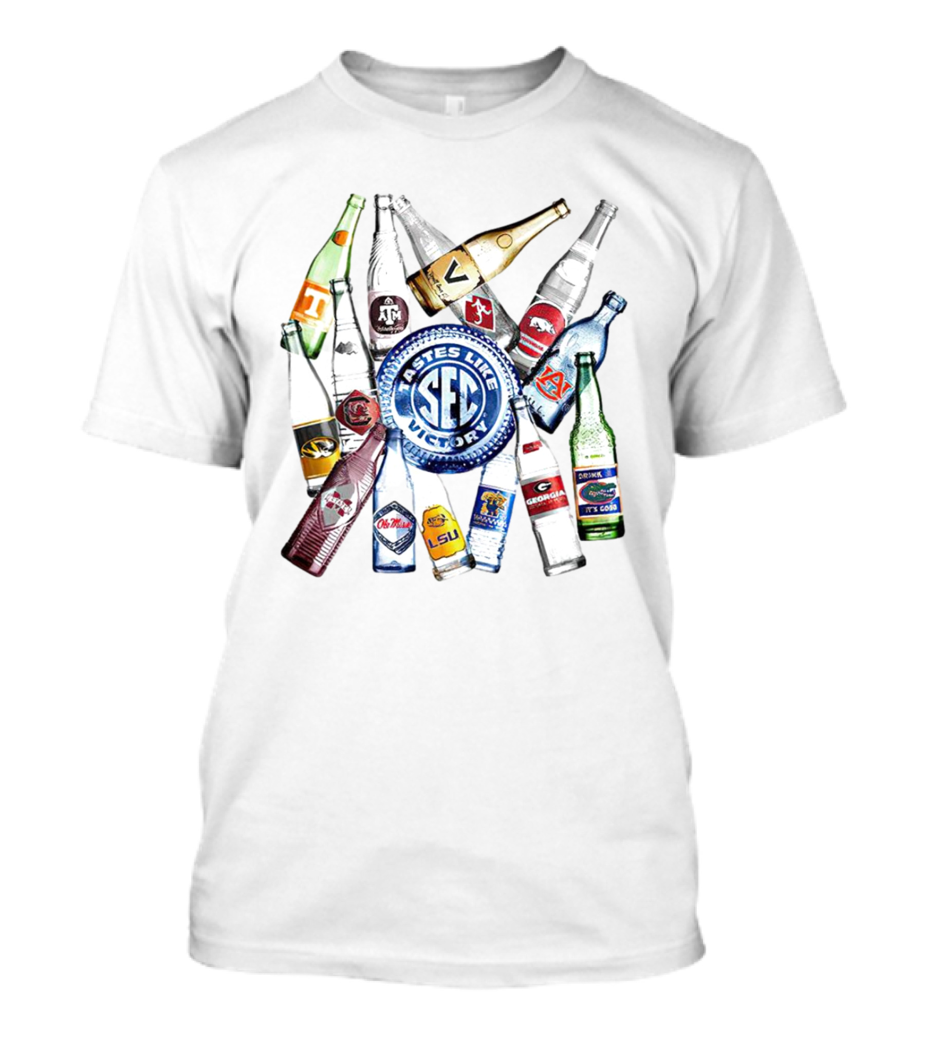 SEC Tastes Like Victory Logos LSU Auburn Tennessee Georgia Missouri South Carolina Arkansas Bottles T-Shirt