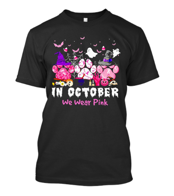In October We Wear Pink Halloween Dog Paws Ghost Witch Hat T-Shirt