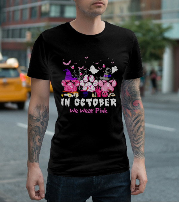 In October We Wear Pink Halloween Dog Paws Ghost Witch Hat T-Shirt