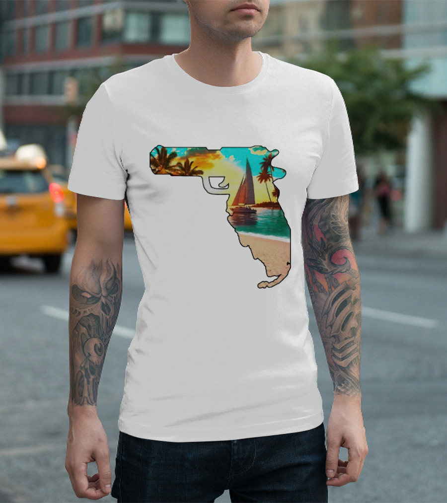 Florida Sunset Beach Sailboat Gun Shape T-Shirt