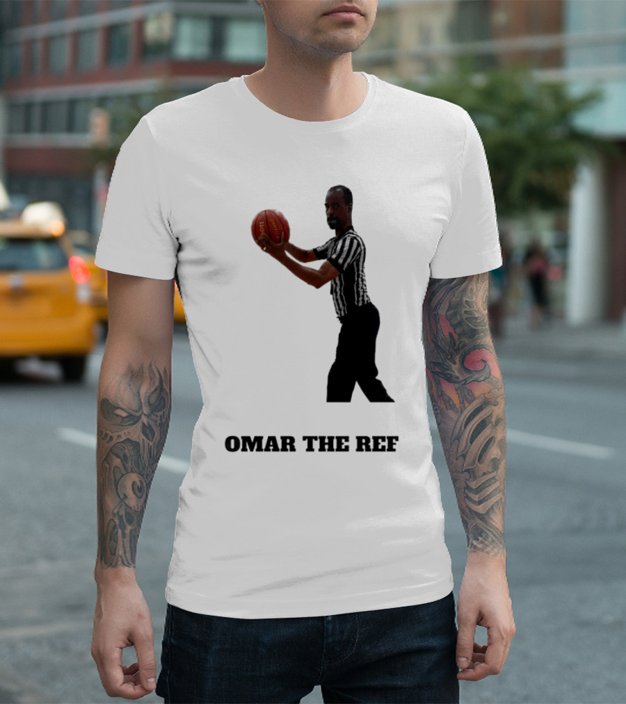 Omar The Ref Holding Basketball In Striped Uniform T-Shirt