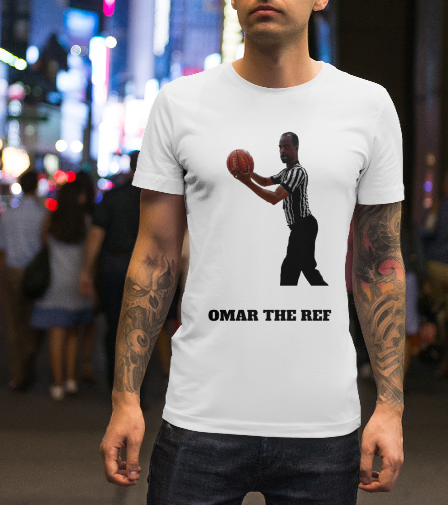 Omar The Ref Holding Basketball In Striped Uniform T-Shirt