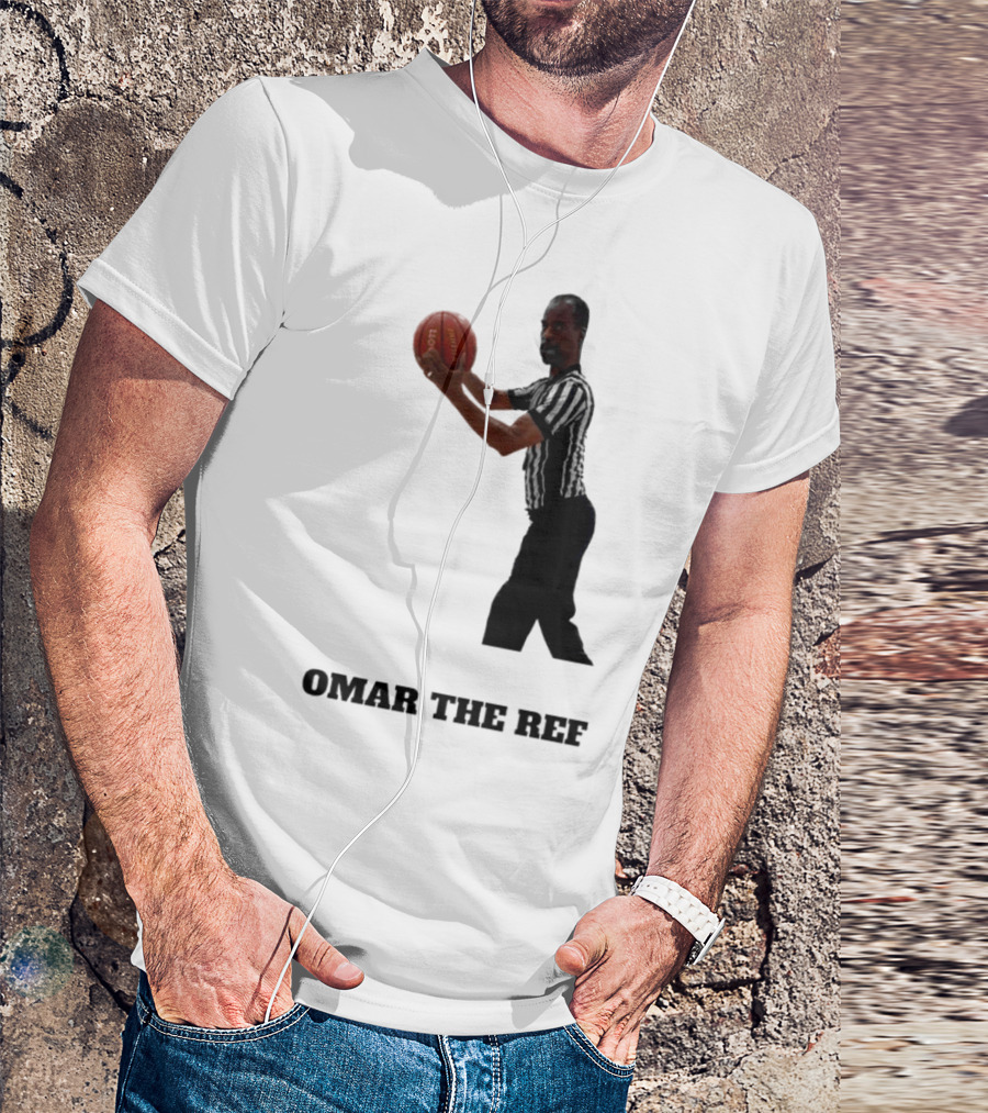 Omar The Ref Holding Basketball In Striped Uniform T-Shirt