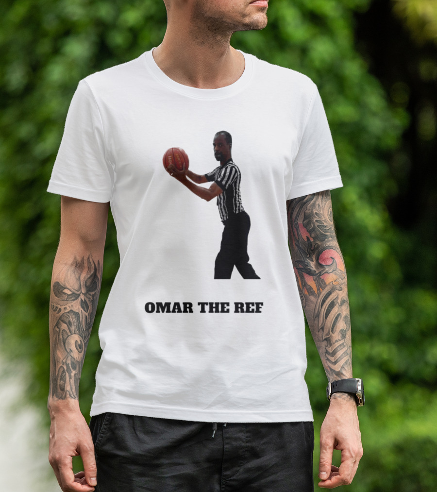 Omar The Ref Holding Basketball In Striped Uniform T-Shirt