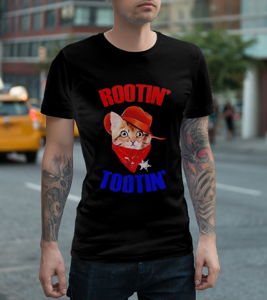 Rootin Tootin Cat Cowboy Vintage Red Hat and Bandana with Sheriff Star T-Shirt
