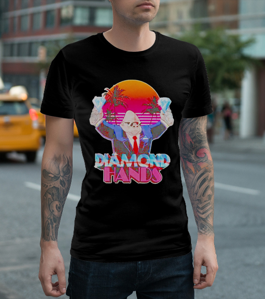 Diamond Hands Gorilla In Suit With Dollars And Vintage Sunset Background T-Shirt