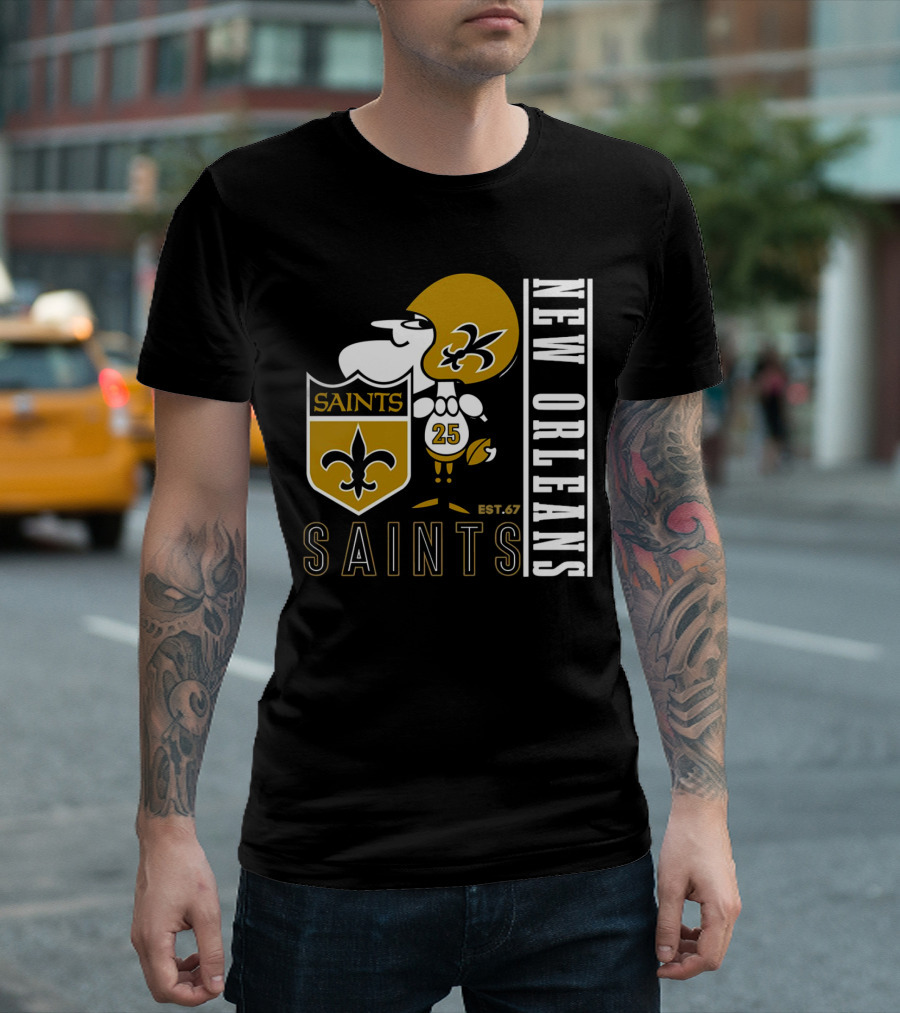 New Orleans Saints Est.67 Mascot with Shield and Fleur-de-Lis T-Shirt