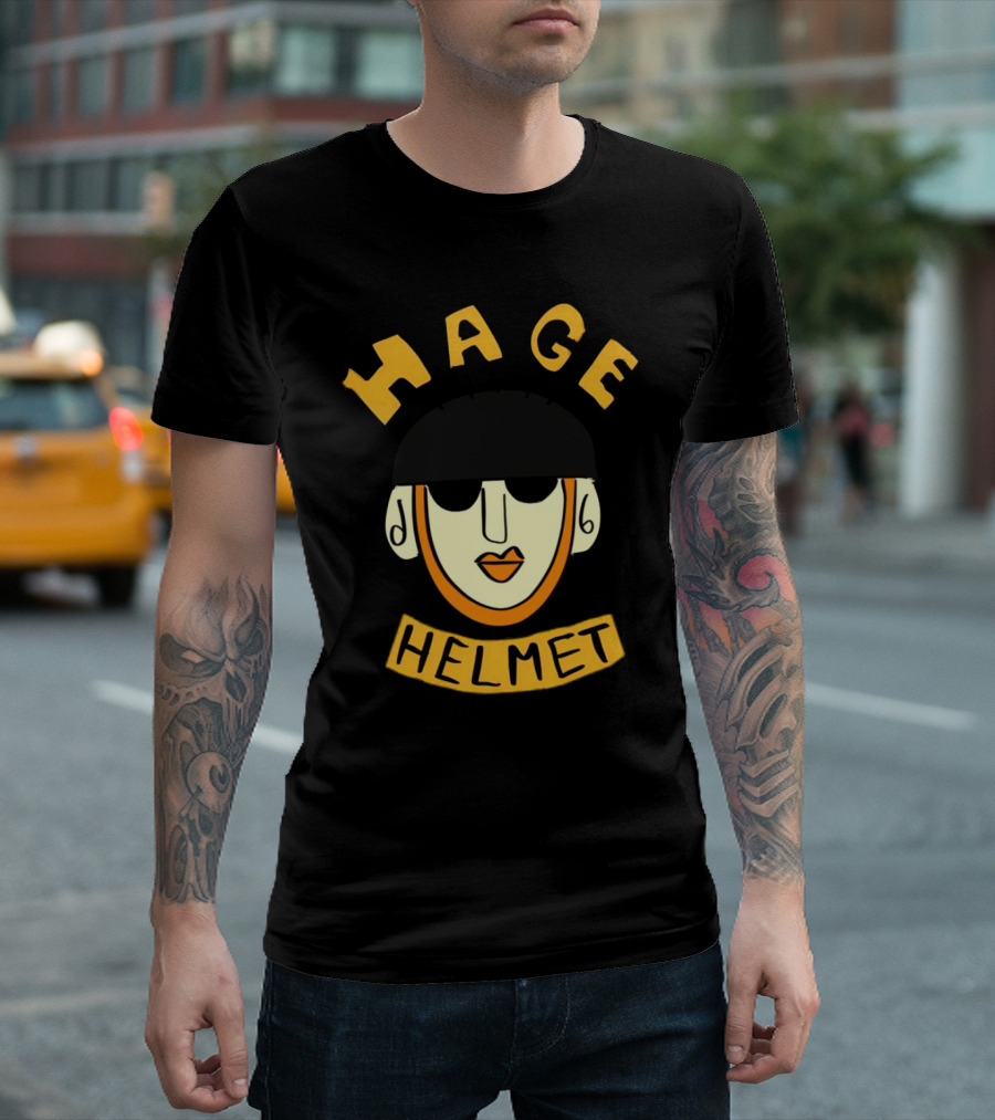 HAGE Helmet Face Black Cap Bold Lettering T-Shirt
