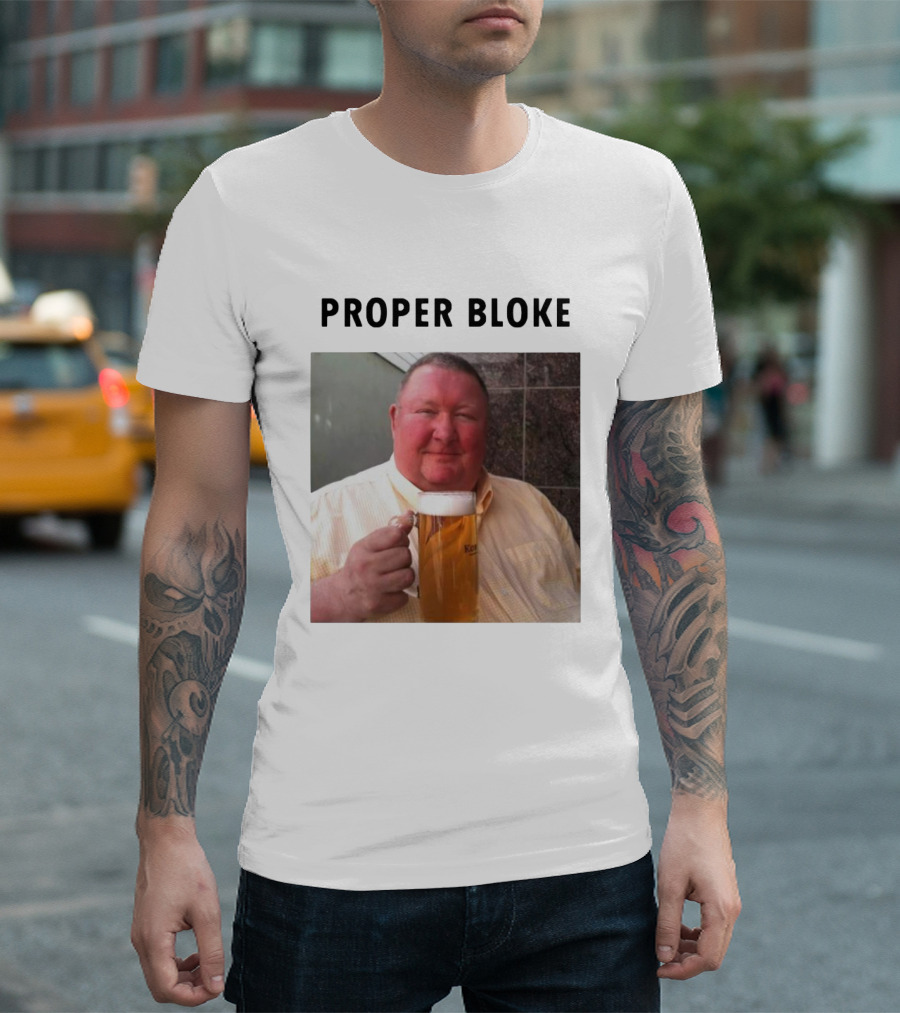 Proper Bloke Holding Beer with Contented Expression T-Shirt
