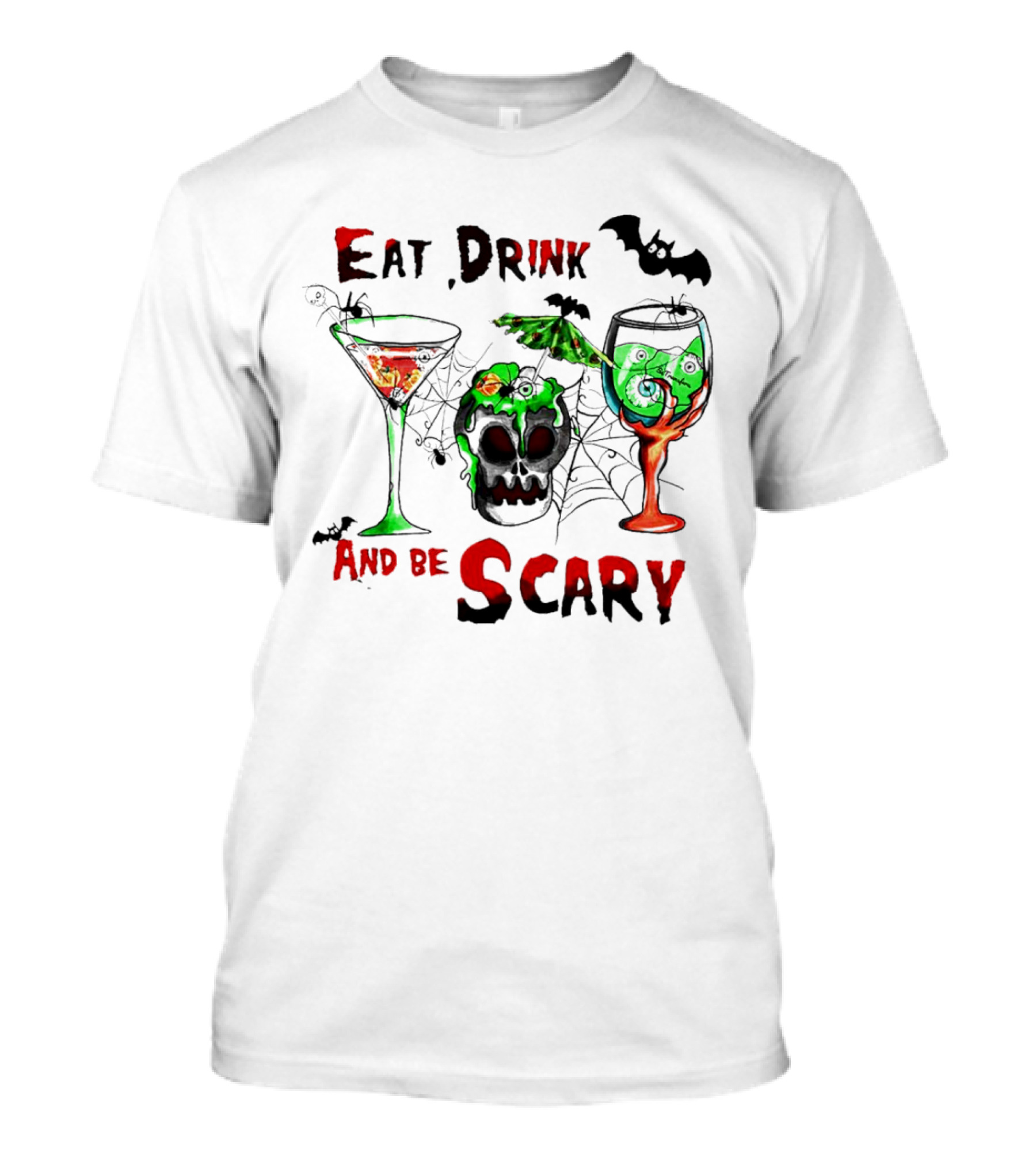 Hocus Pocus Eat Drink And Be Scary Halloween Skull And Bat Cocktails T-Shirt