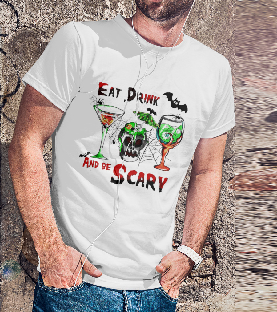 Hocus Pocus Eat Drink And Be Scary Halloween Skull And Bat Cocktails T-Shirt