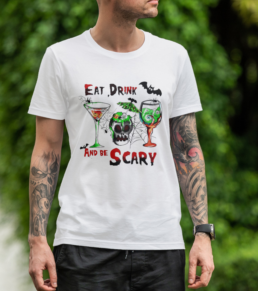 Hocus Pocus Eat Drink And Be Scary Halloween Skull And Bat Cocktails T-Shirt